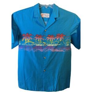 Malihini Vintage Mens M Blue Tropical Print SS Button Down Cotton Hawaiian Shirt
